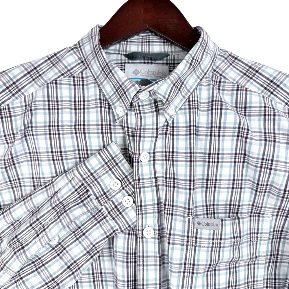 Columbia Plaid Button Down Shirt Mens Large Purple Blue Stretch Gorpcore Outdoor